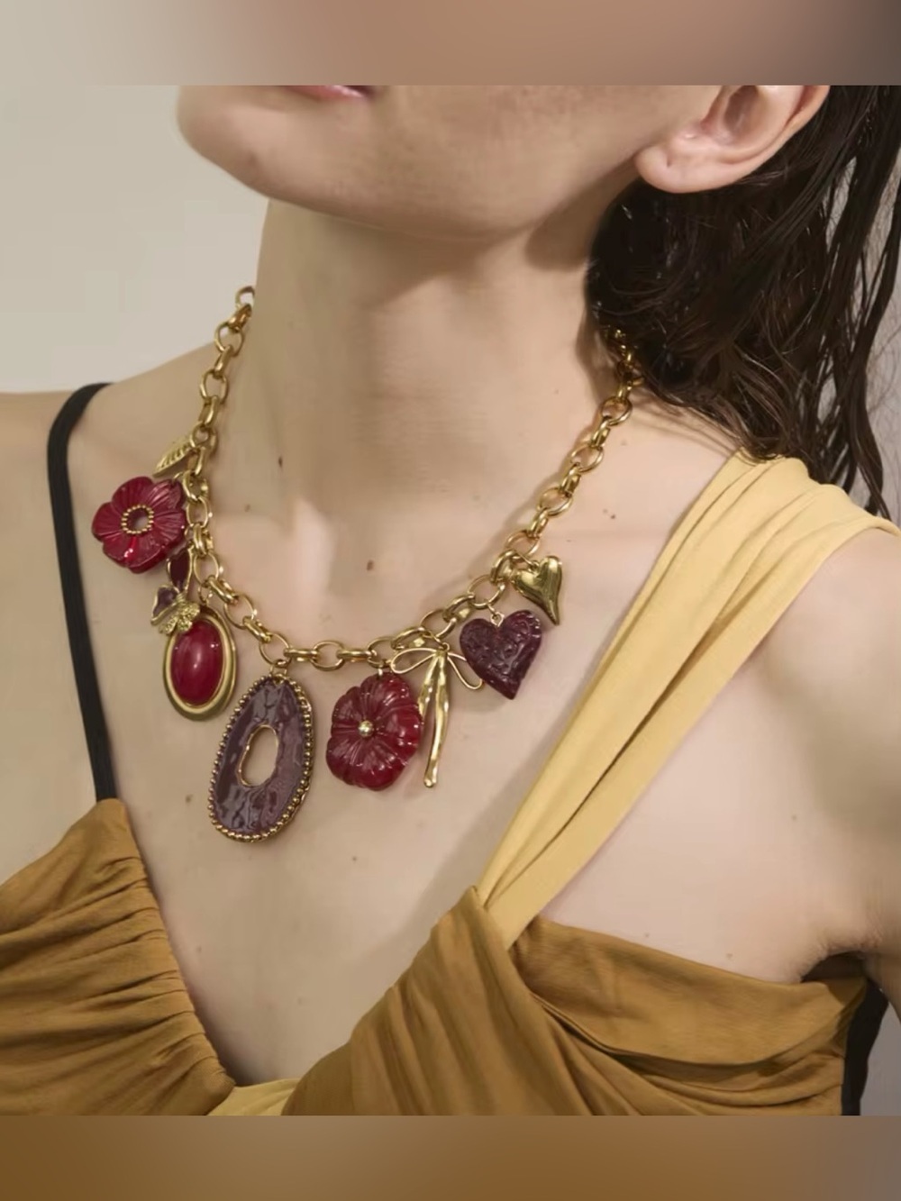 Burgundy Charm Statement Necklace | Gold Plated Chunky Chain | Necklace - Picture 6 of 7
